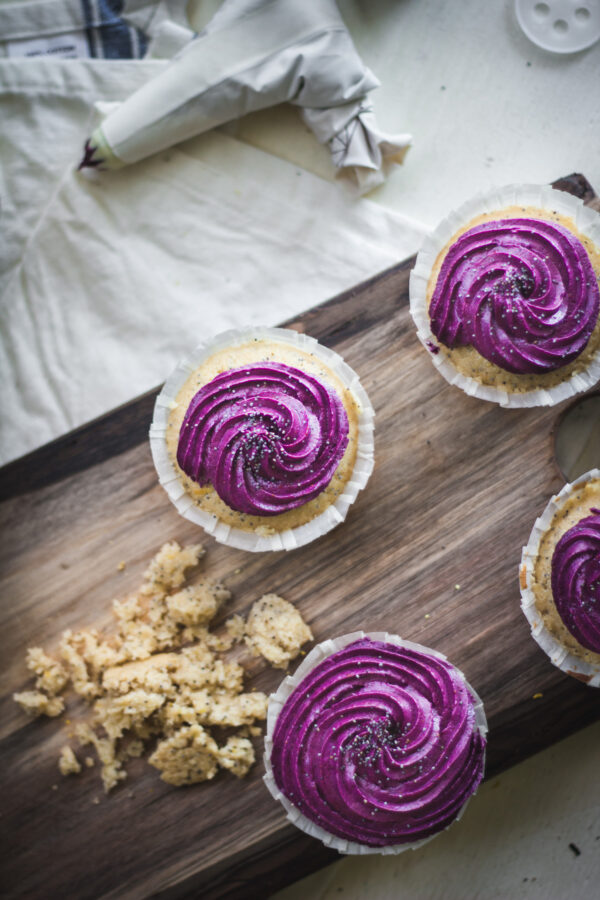 Lemon Poppyseed Cupcakes with Blueberry Cream Cheese Frosting