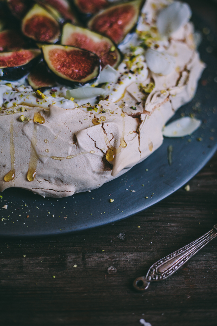 Pistachio and Rose Water Pavlova with Greek Yogurt, Honey, and Figs | Adventures in Cooking