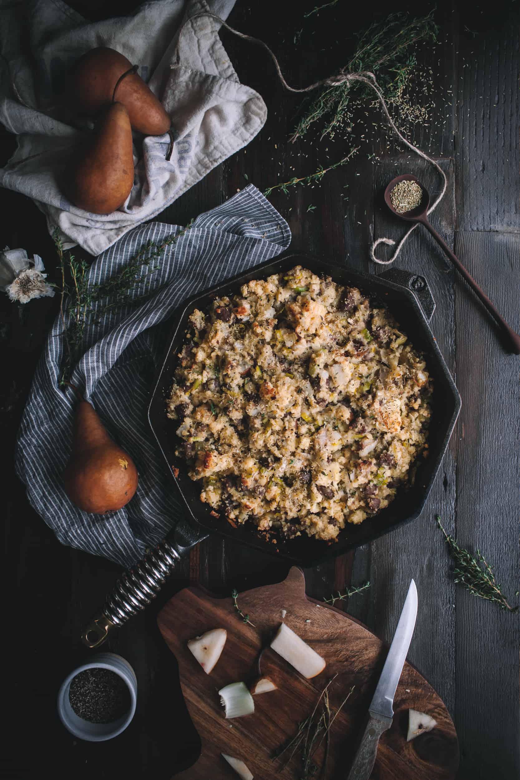 Cast Iron Cornbread Stuffing with Leeks Sausage and Pears by Eva Kosmas Flores