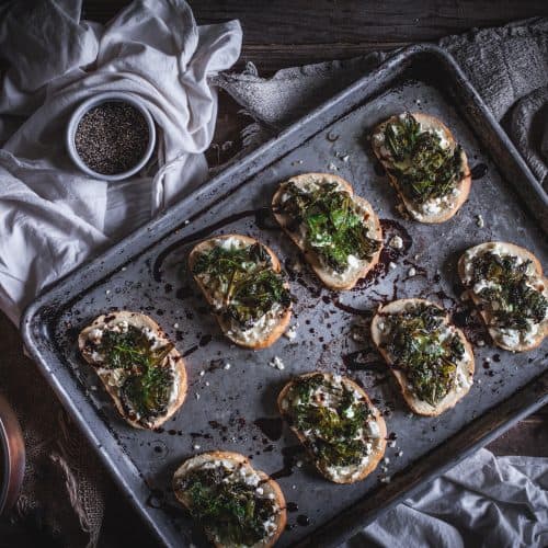 Sautéed Kale and Goat Cheese Crostini with a Balsamic Reduction by Eva Kosmas Flores