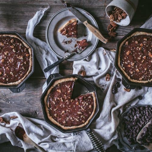 Cast Iron Deep Dish Chocolate Pecan Tart by Eva Kosmas Flores of Adventures in Cooking