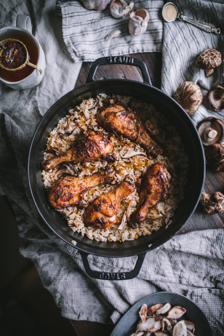 Glazed Chicken Drumsticks With Shiitake Mushrooms and Turnip Umami Rice