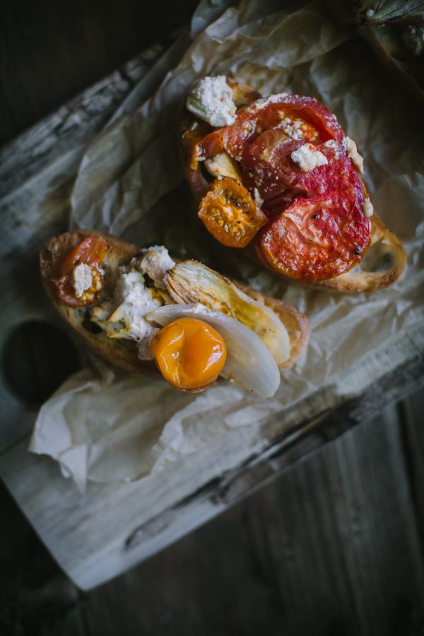 An easy summer recipe for One-Pot Tomato Chevre Confit by Eva Kosmas Flores