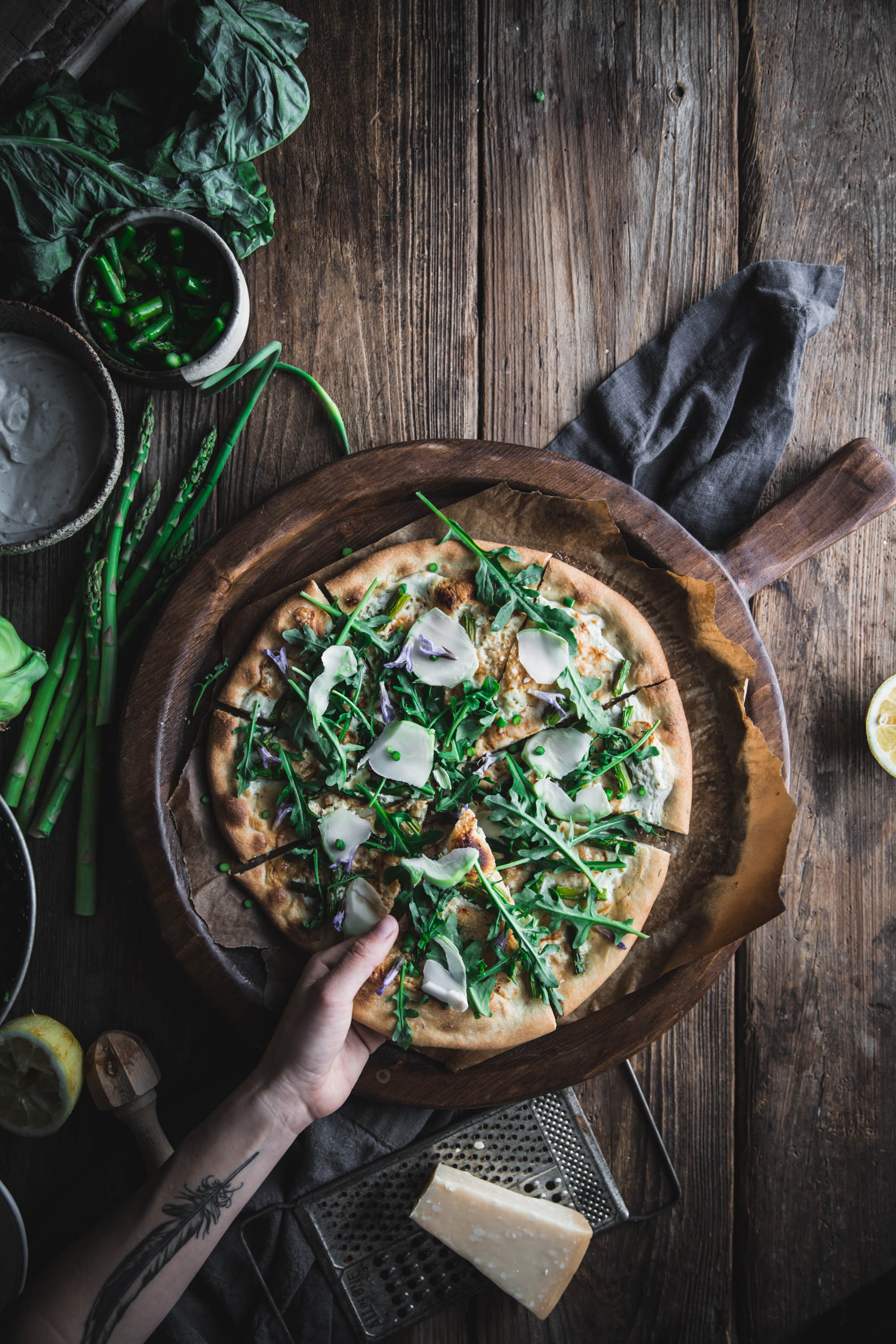 Pizza, Bianca, spring, Asparagus, garlic, white, sauce, ricotta, yogurt, dill, kohlrabi, Chevre, goat's cheese, First We Eat, Cookbook