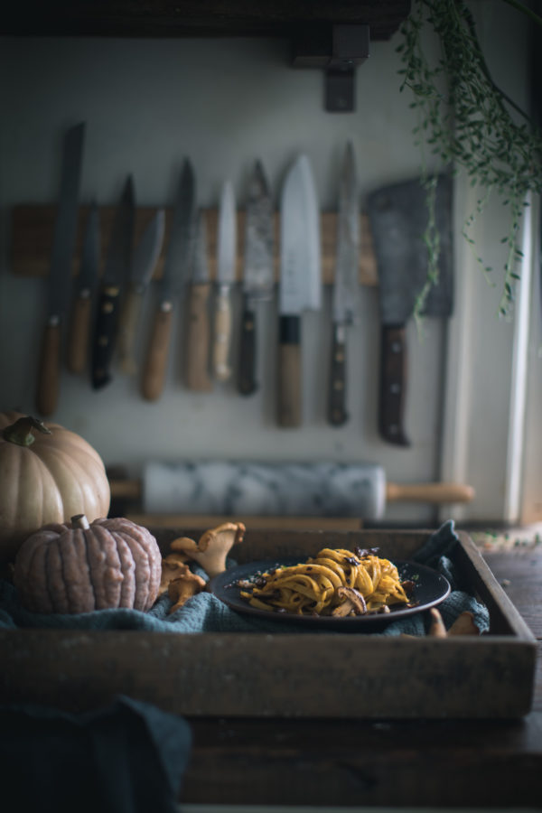Creamy Squash and Hazelnut Fettuccine with Sautéed Mushrooms