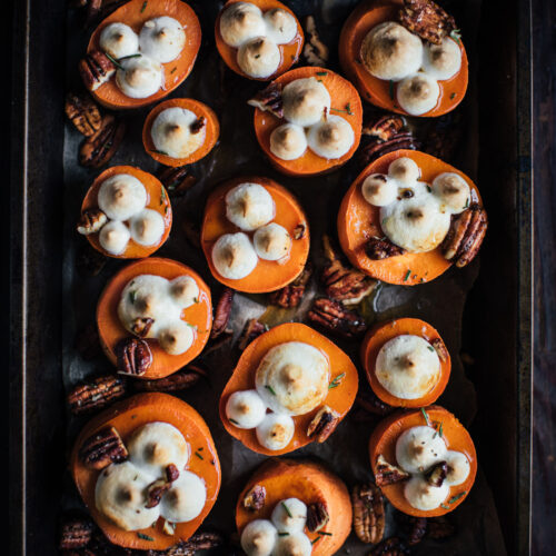 Roasted Sweet Potatoes with Meringue and Candied Pecans