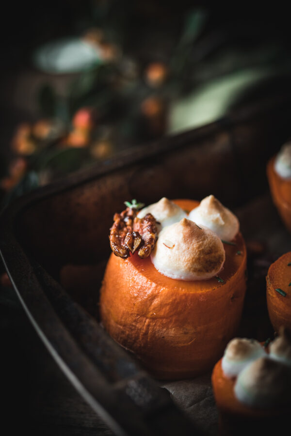 Roasted Sweet Potatoes with Meringue and Candied Pecans