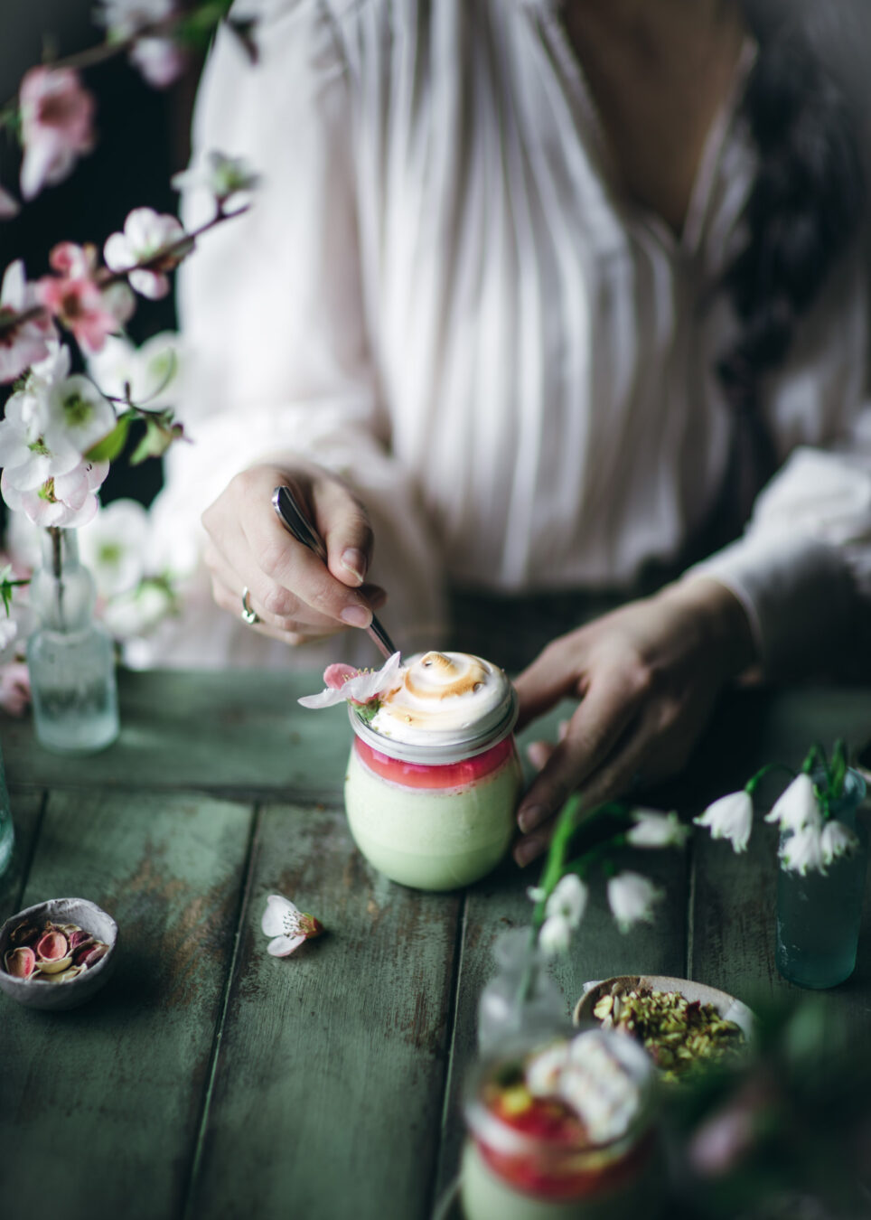 Pistachio Panna Cotta with Rhubarb and Meringue Adventures in Cooking