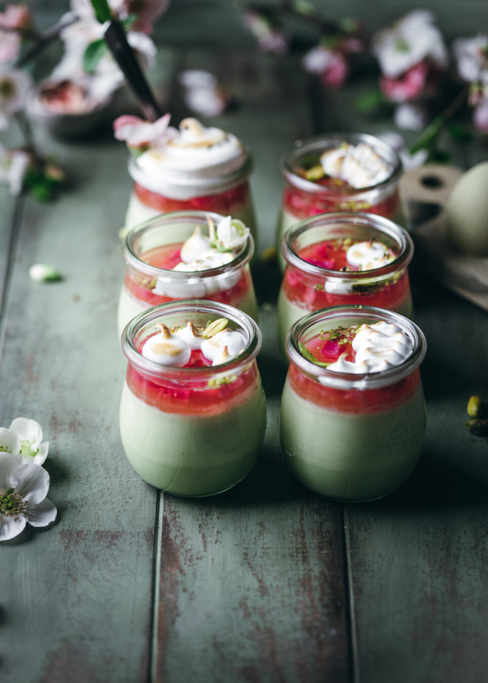 Pistachio Panna Cotta with Rhubarb and Meringue Adventures in Cooking