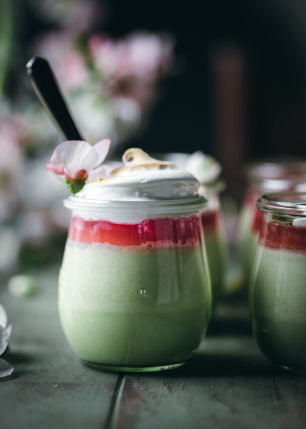 Pistachio Panna Cotta with Rhubarb and Meringue Adventures in Cooking