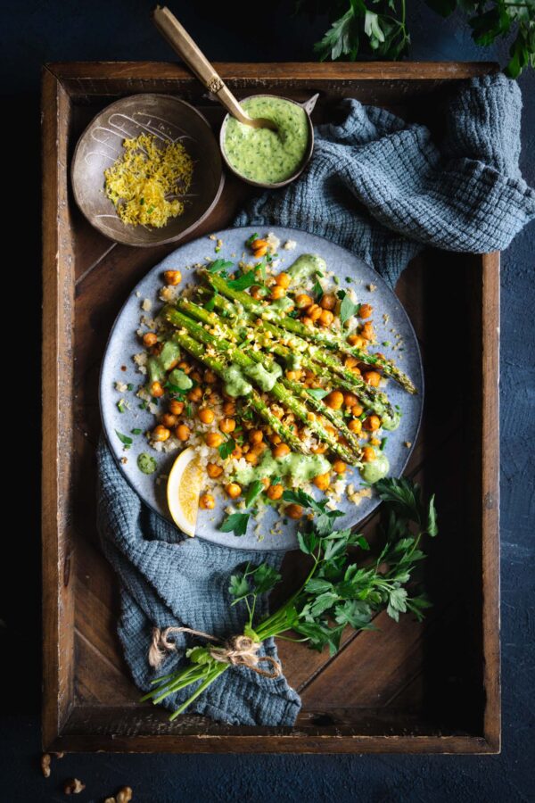 Roasted Asparagus with Chickpeas and Lemon Herb Sauce