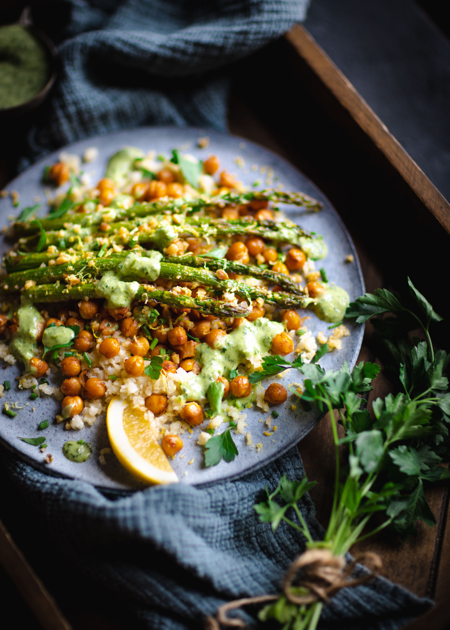 Walnut Crusted Asparagus with Chickpeas
